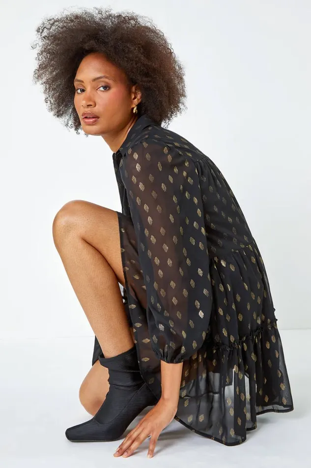Gold Metallic Print Chiffon Tiered Smock Dress Women Roman Dresses