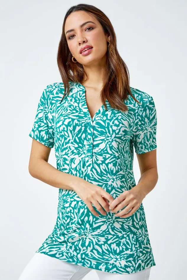 Green Abstract Floral Print VNeck Top Women Roman Tops