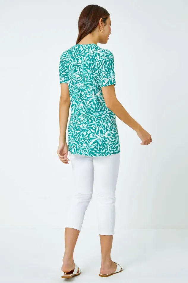 Green Abstract Floral Print VNeck Top Women Roman Tops