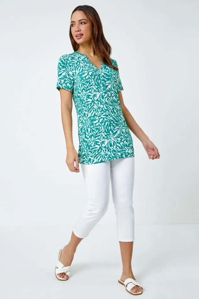 Green Abstract Floral Print VNeck Top Women Roman Tops