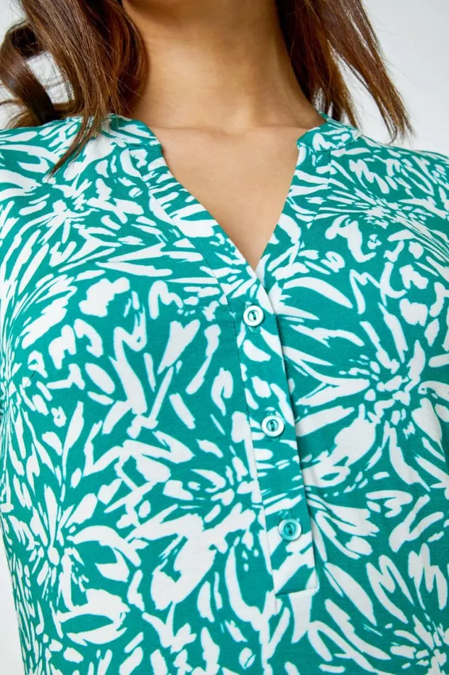 Green Abstract Floral Print VNeck Top Women Roman Tops