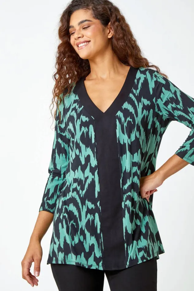 Green Abstract Print VNeck Stretch Top Women Roman Tops