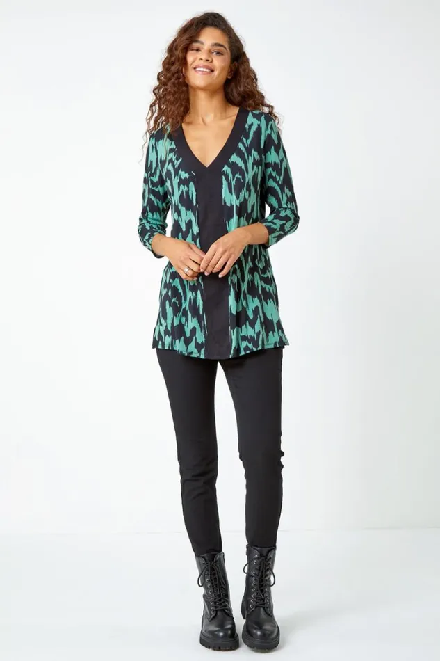 Green Abstract Print VNeck Stretch Top Women Roman Tops