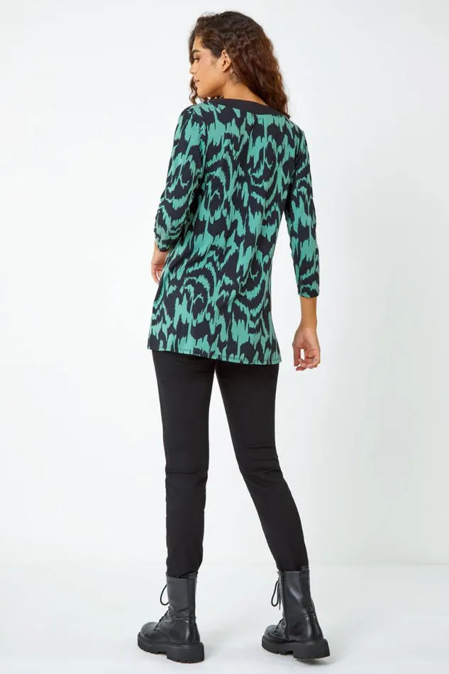 Green Abstract Print VNeck Stretch Top Women Roman Tops