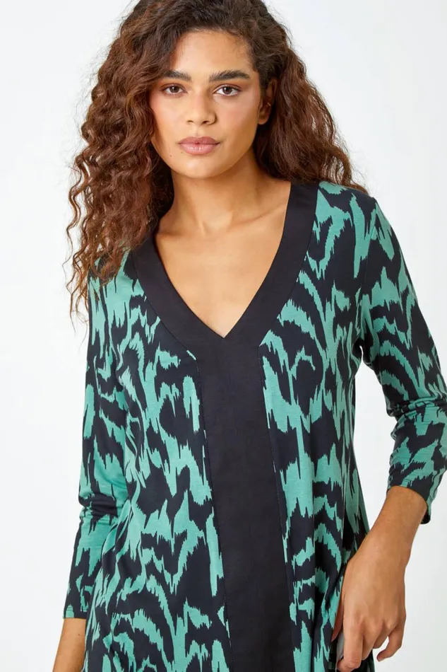 Green Abstract Print VNeck Stretch Top Women Roman Tops