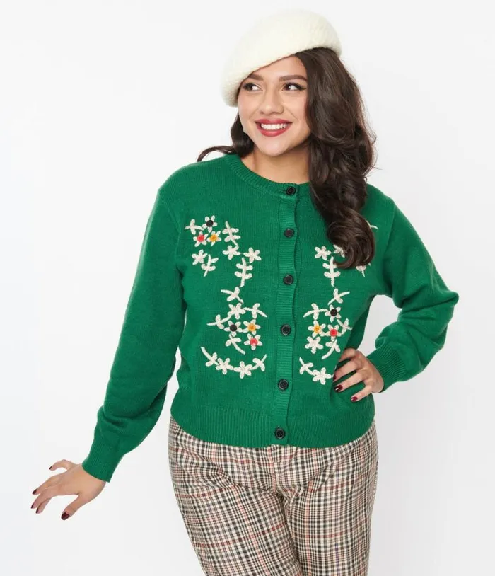 Green and Multicolor Button Floral Holiday Cardigan Clothing Unique Vintage Sweaters and Cardigans