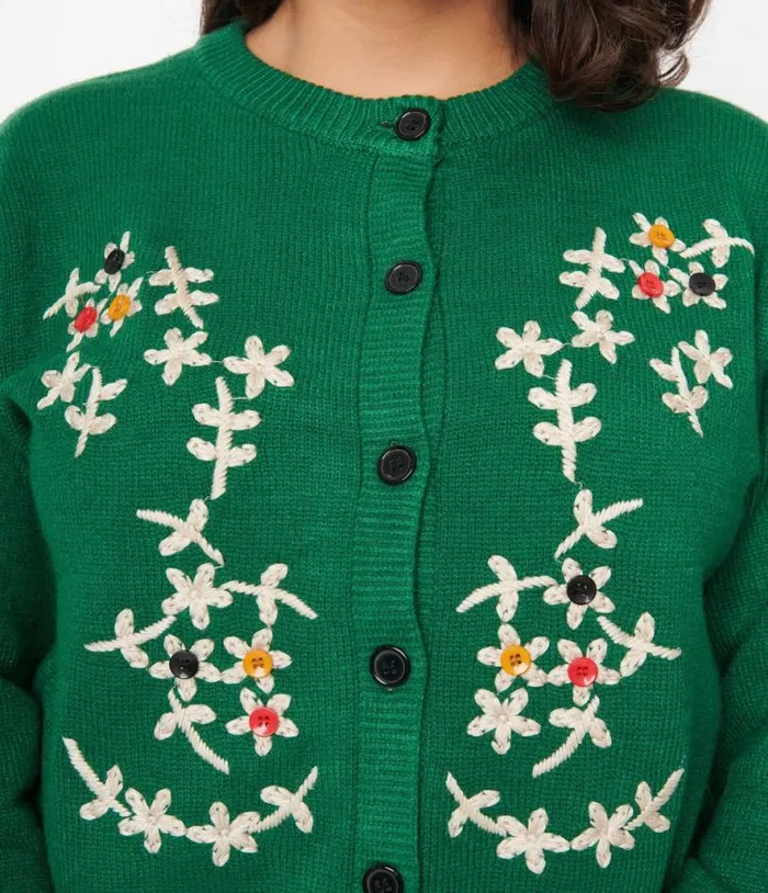 Green and Multicolor Button Floral Holiday Cardigan Clothing Unique Vintage Sweaters and Cardigans
