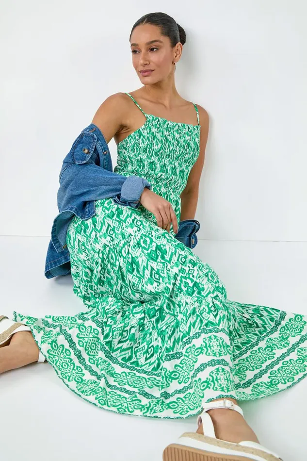 Green Aztec Border Print Shirred Maxi Dress Women Roman Dresses