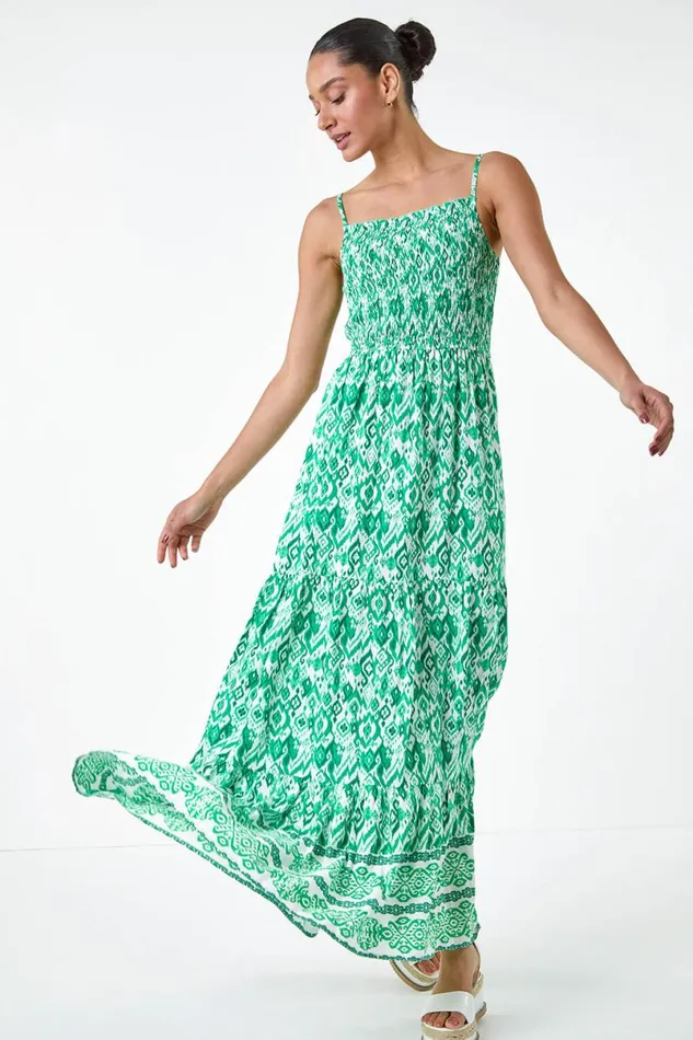 Green Aztec Border Print Shirred Maxi Dress Women Roman Dresses