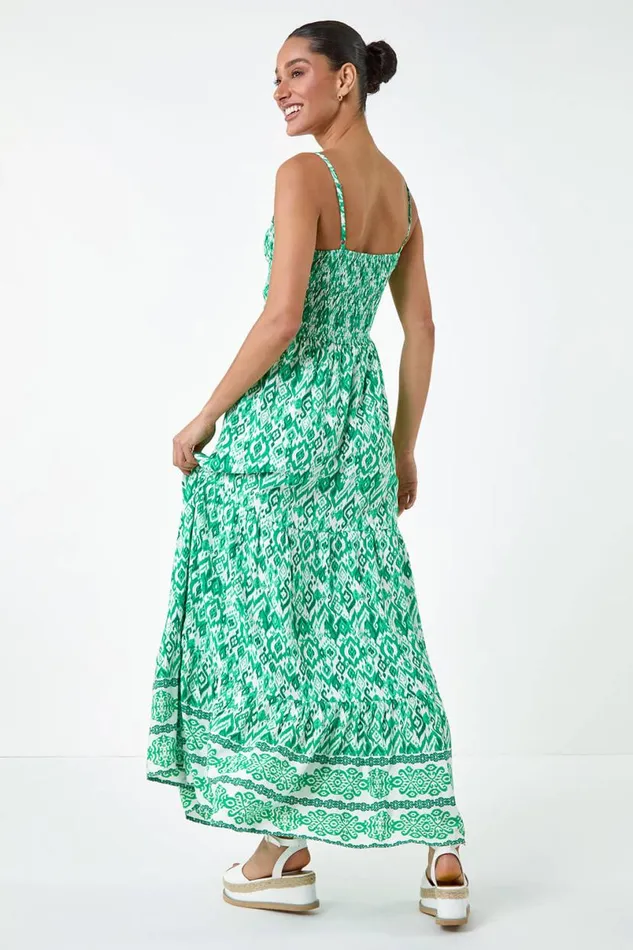 Green Aztec Border Print Shirred Maxi Dress Women Roman Dresses