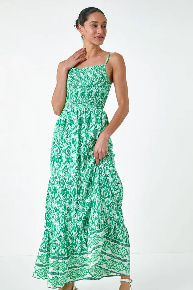 Green Aztec Border Print Shirred Maxi Dress Women Roman Dresses