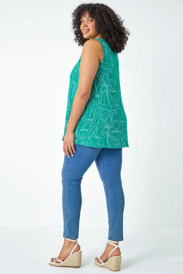 Green Curve Abstract Swirl Stretch Vest Top Women Roman Tops
