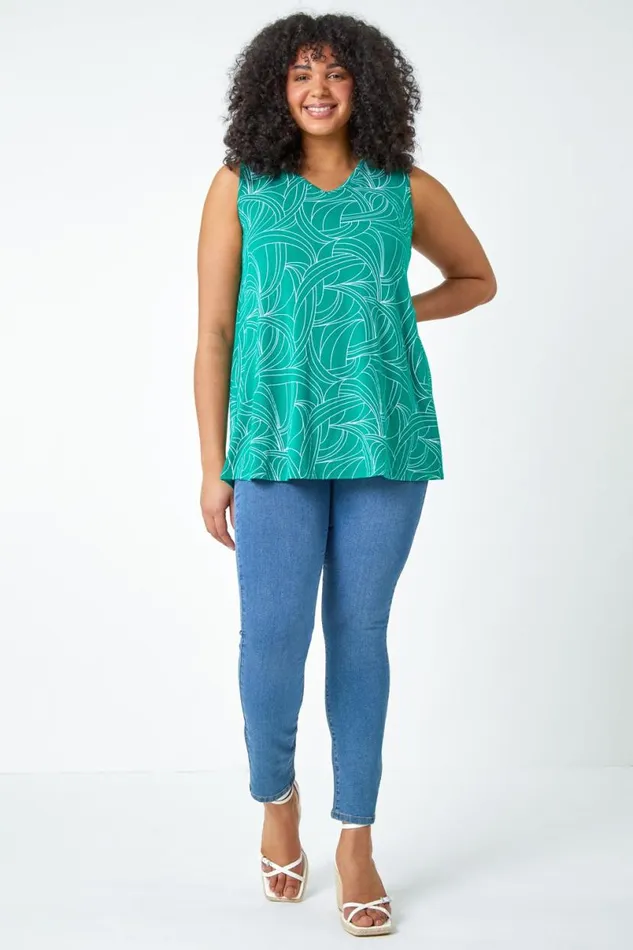 Green Curve Abstract Swirl Stretch Vest Top Women Roman Tops