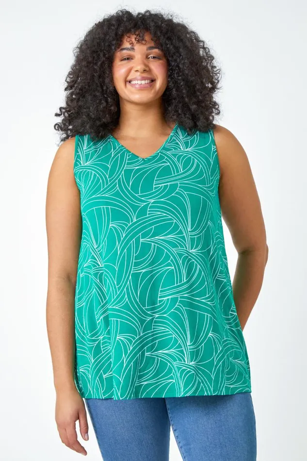 Green Curve Abstract Swirl Stretch Vest Top Women Roman Tops