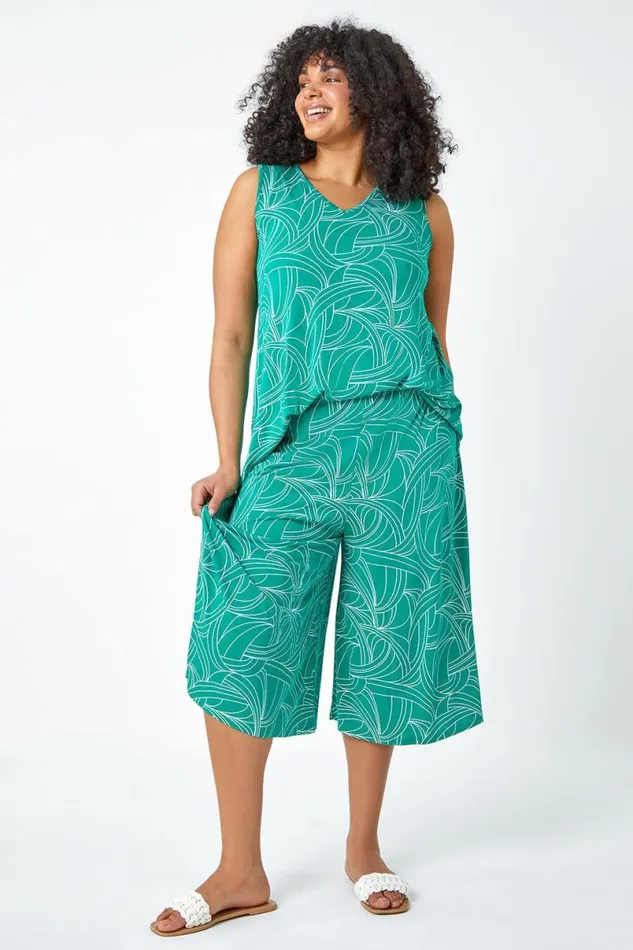 Green Curve Abstract Swirl Stretch Vest Top Women Roman Tops