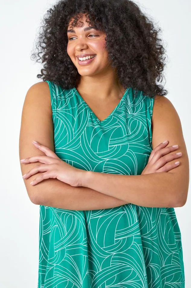 Green Curve Abstract Swirl Stretch Vest Top Women Roman Tops