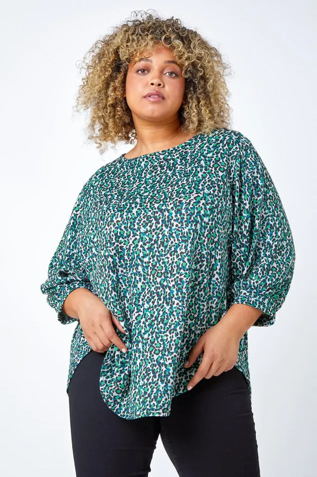 Green Curve Animal Print Stretch Top Women Roman Tops