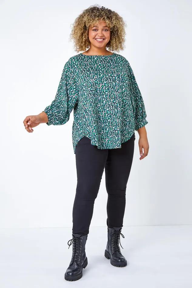 Green Curve Animal Print Stretch Top Women Roman Tops
