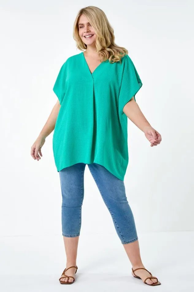 Green Curve Textured Plain Pleat Front Top Women Roman Tops