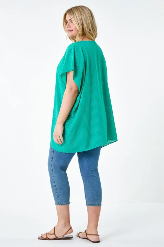 Green Curve Textured Plain Pleat Front Top Women Roman Tops