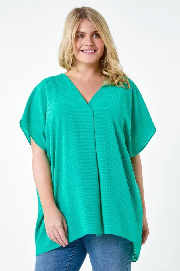 Green Curve Textured Plain Pleat Front Top Women Roman Tops