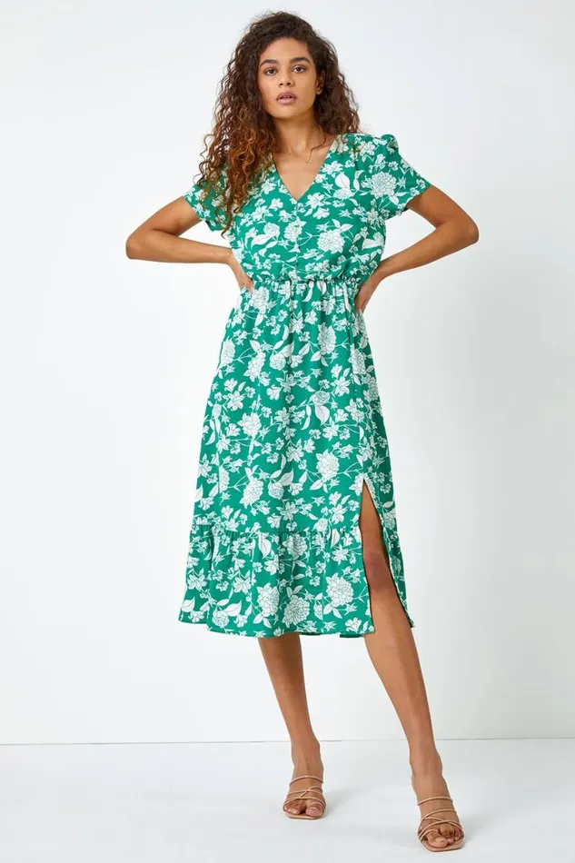 Green Floral Button Through Midi Dress Women Roman Dresses