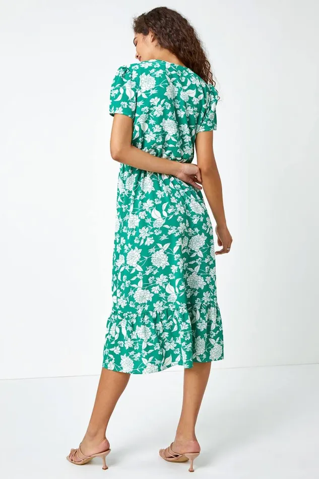 Green Floral Button Through Midi Dress Women Roman Dresses