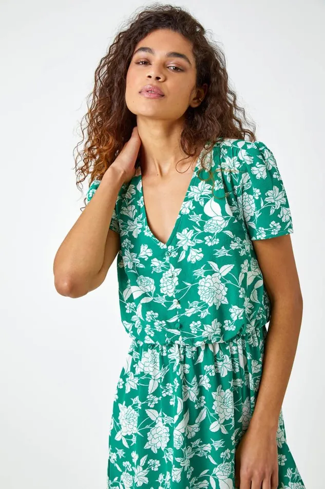 Green Floral Button Through Midi Dress Women Roman Dresses