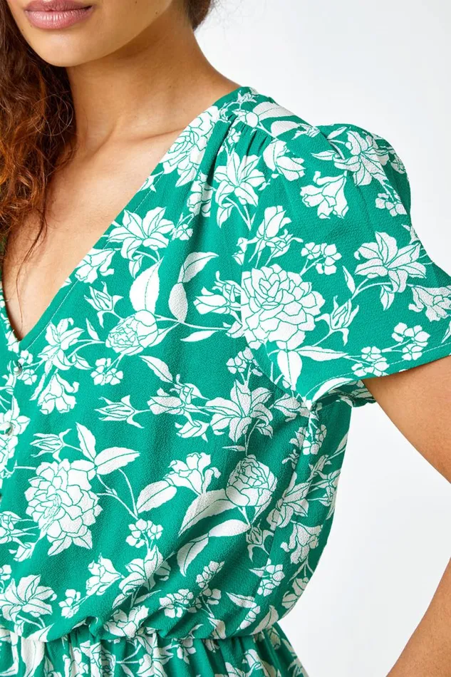 Green Floral Button Through Midi Dress Women Roman Dresses