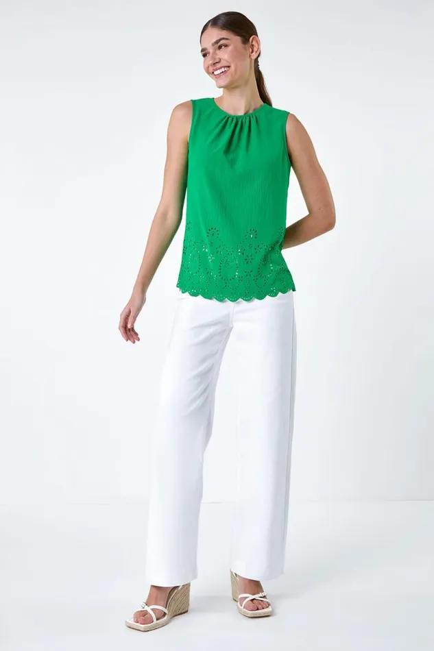 Green Floral Hem Detail Sleeveless Top Women Roman Tops