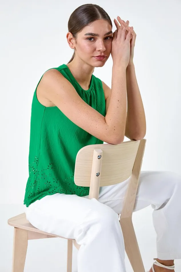 Green Floral Hem Detail Sleeveless Top Women Roman Tops