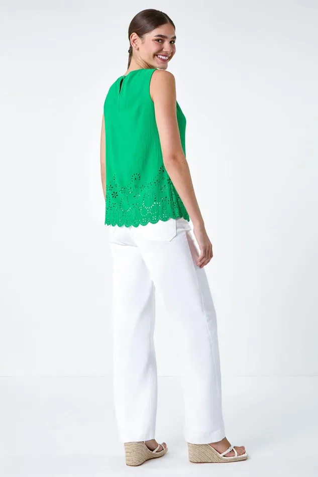 Green Floral Hem Detail Sleeveless Top Women Roman Tops