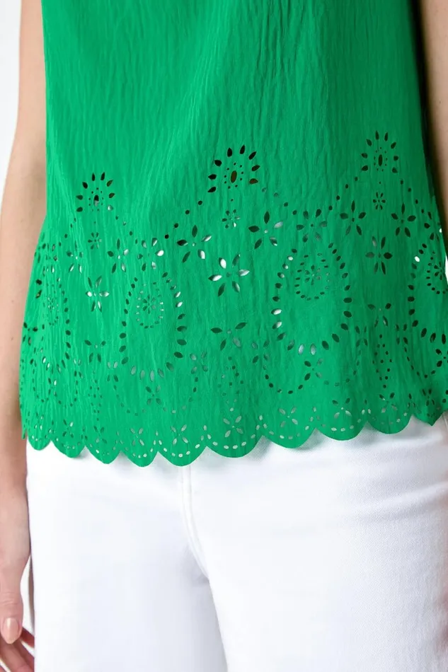 Green Floral Hem Detail Sleeveless Top Women Roman Tops