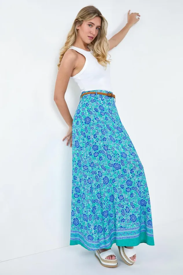 Green Floral Print Belted A Line Maxi Skirt Women Roman Skirts