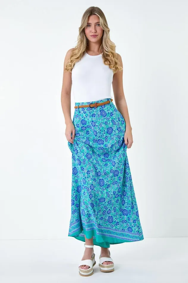 Green Floral Print Belted A Line Maxi Skirt Women Roman Skirts