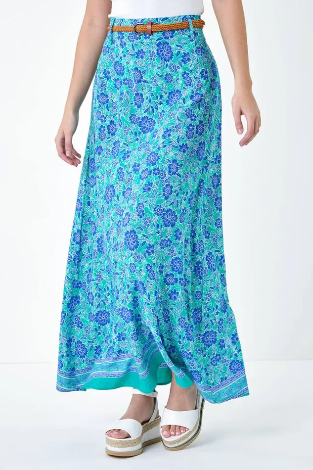 Green Floral Print Belted A Line Maxi Skirt Women Roman Skirts