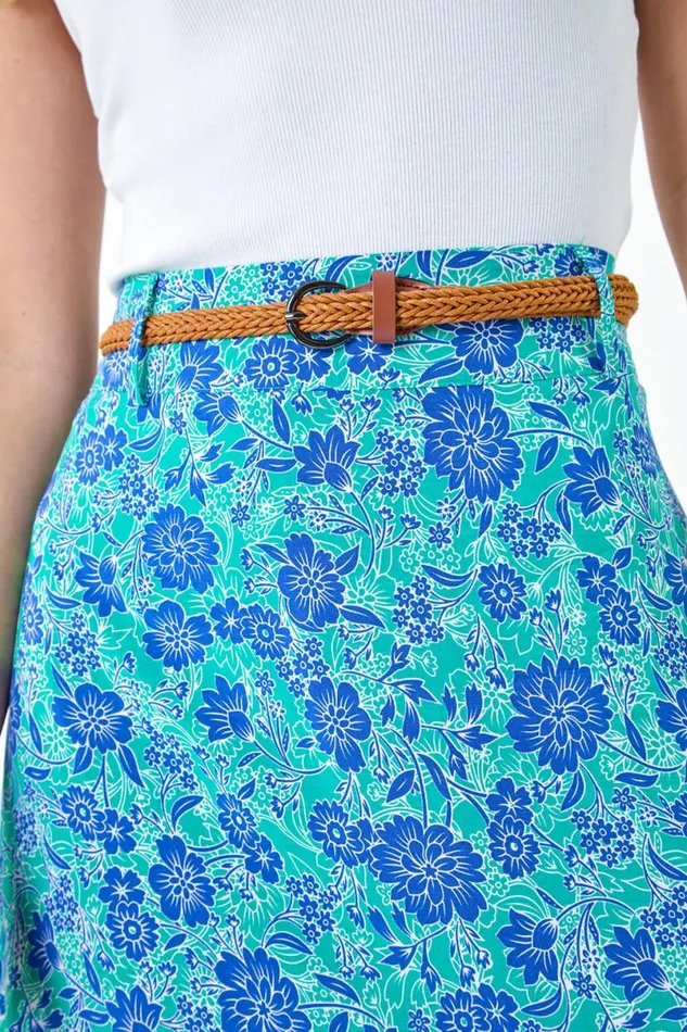 Green Floral Print Belted A Line Maxi Skirt Women Roman Skirts