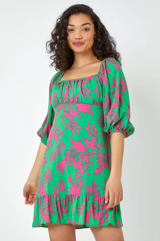 Green Floral Tie Back Frill Hem Dress Women Roman Dresses