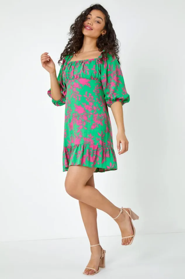 Green Floral Tie Back Frill Hem Dress Women Roman Dresses