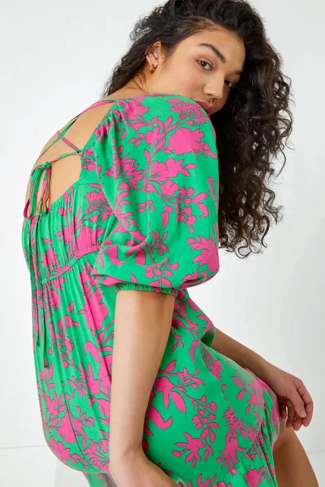 Green Floral Tie Back Frill Hem Dress Women Roman Dresses
