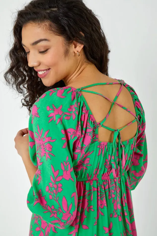 Green Floral Tie Back Frill Hem Dress Women Roman Dresses