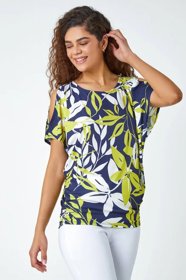 Green Leaf Print Ruched Cold Shoulder Top Women Roman Tops
