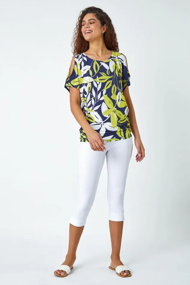 Green Leaf Print Ruched Cold Shoulder Top Women Roman Tops
