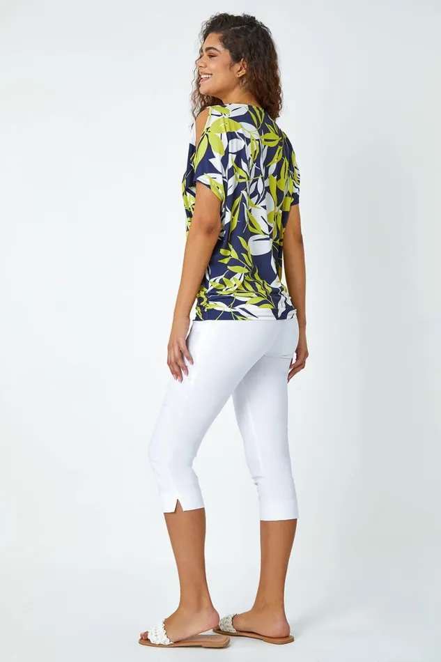 Green Leaf Print Ruched Cold Shoulder Top Women Roman Tops