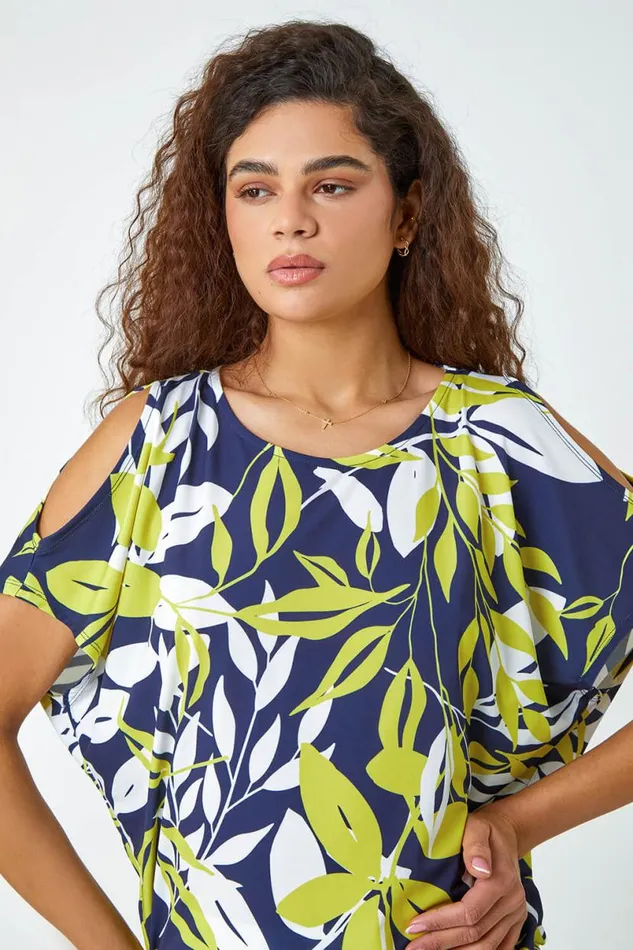 Green Leaf Print Ruched Cold Shoulder Top Women Roman Tops