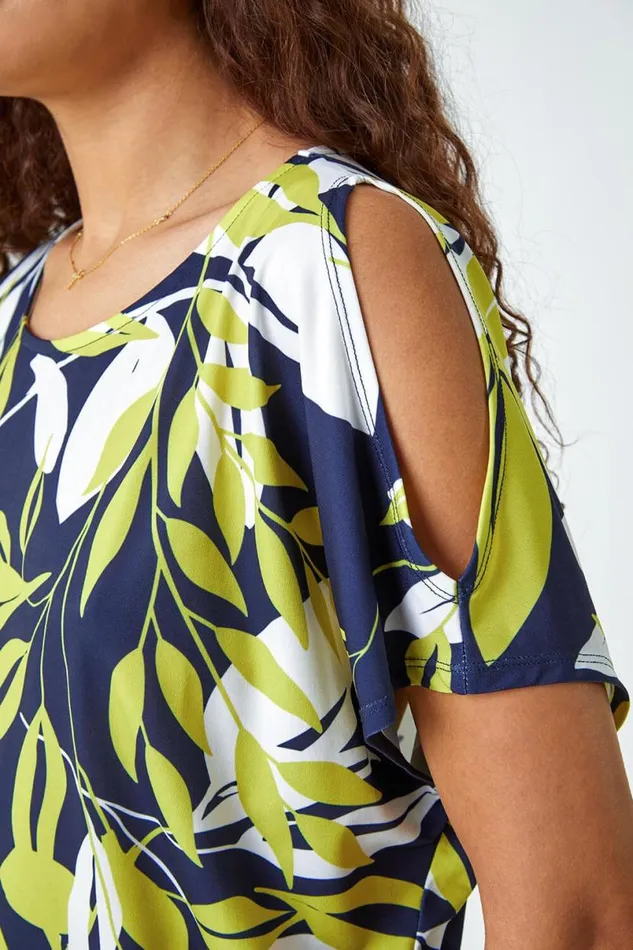 Green Leaf Print Ruched Cold Shoulder Top Women Roman Tops