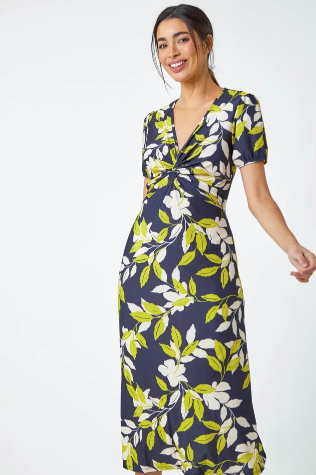 Green Leaf Twist Front Stretch Midi Dress Women Roman Dresses