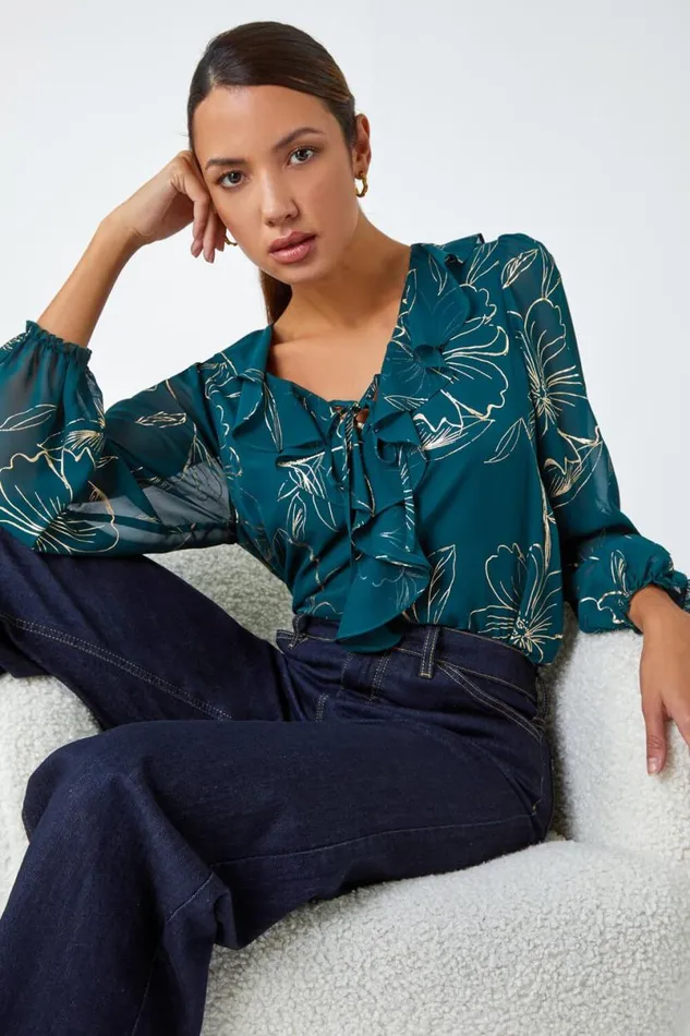 Green Metallic Floral Print Ruffle Top Women Roman Tops