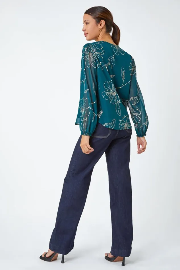 Green Metallic Floral Print Ruffle Top Women Roman Tops