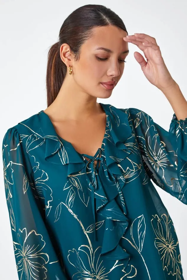 Green Metallic Floral Print Ruffle Top Women Roman Tops